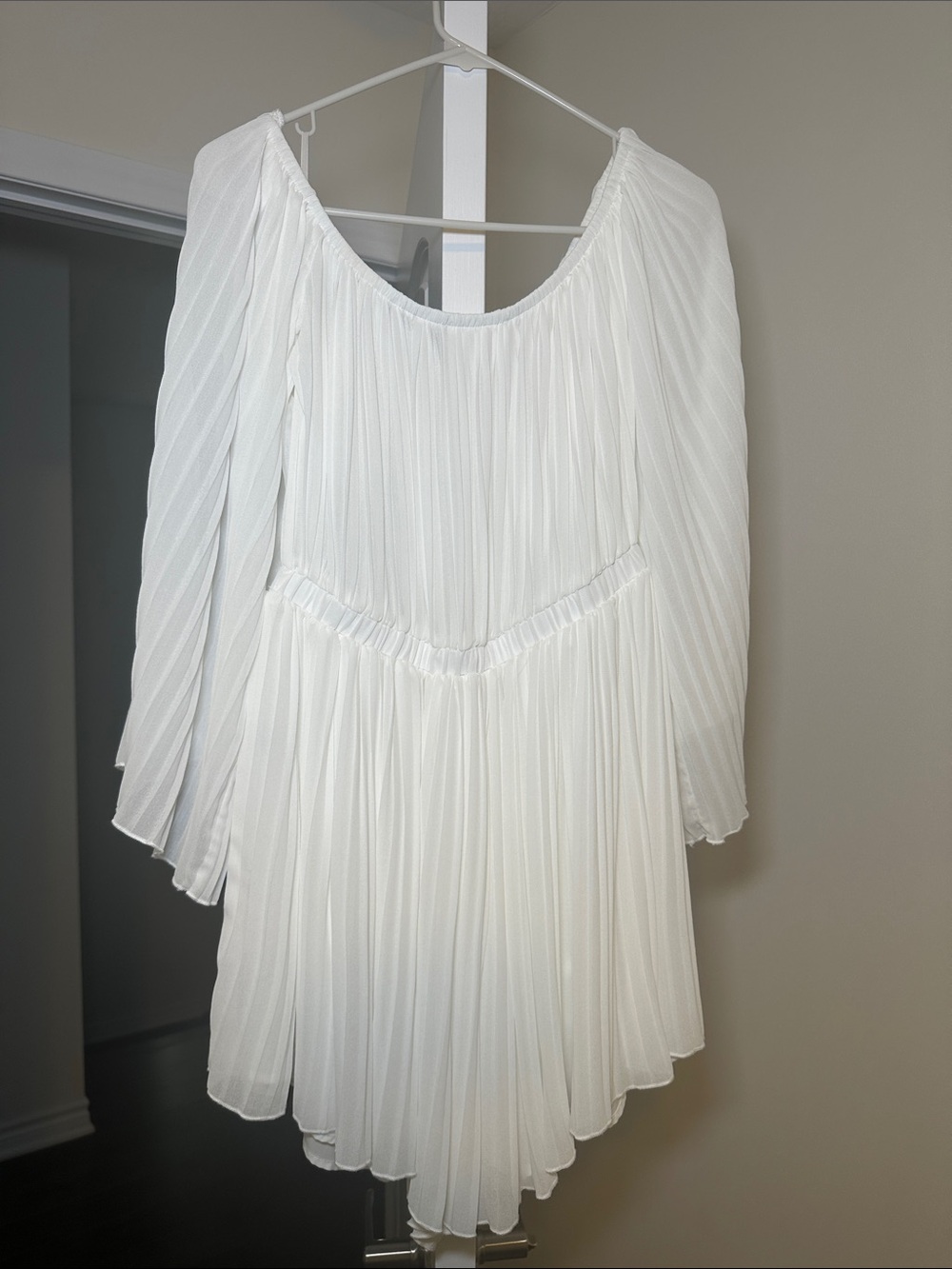 White Pleated Off-Shoulder Mini Dress